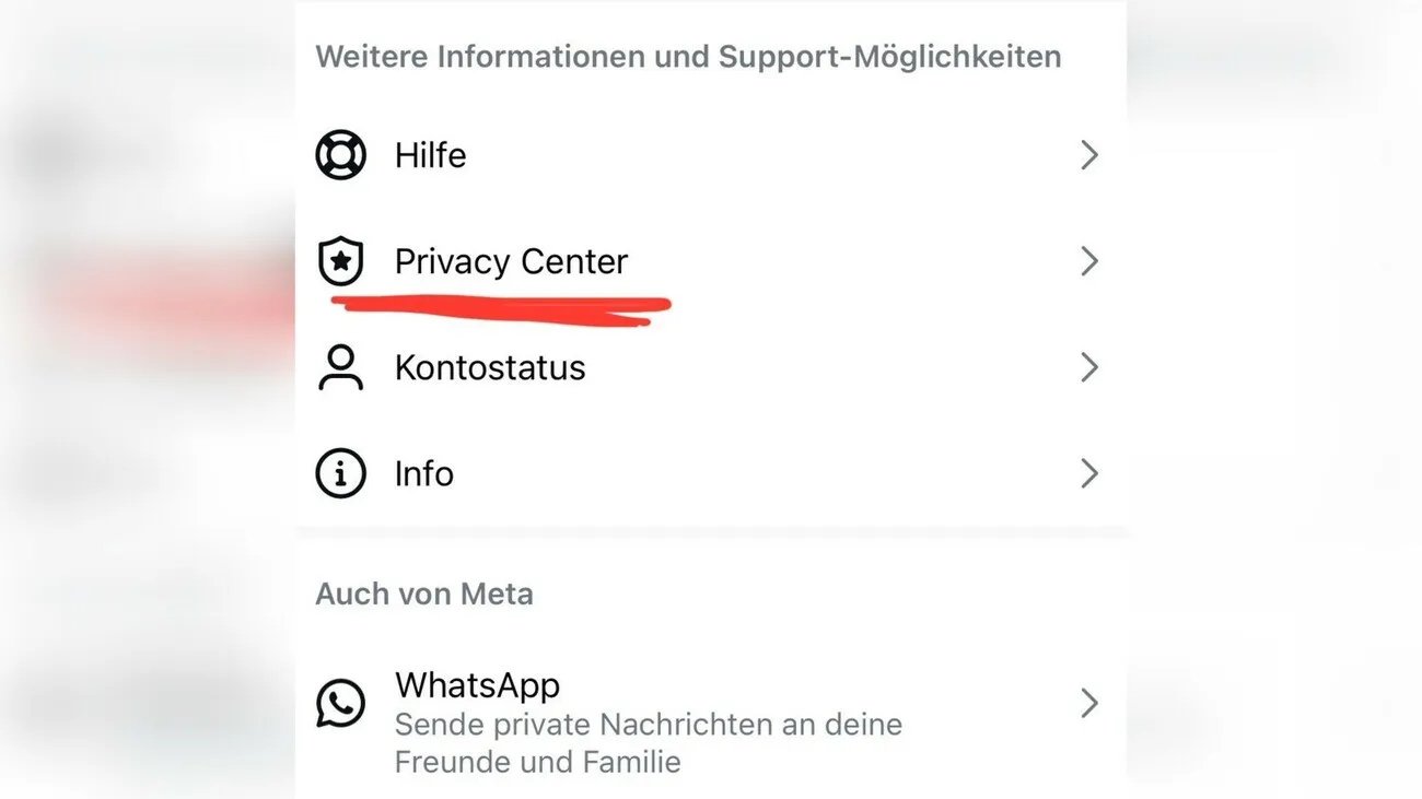 Instagramansicht mit Informationen und Support-Möglichkeiten. Unter dem Reiter Hilfe befindet sich das Privacy Center, welches rot unterstrichen ist.